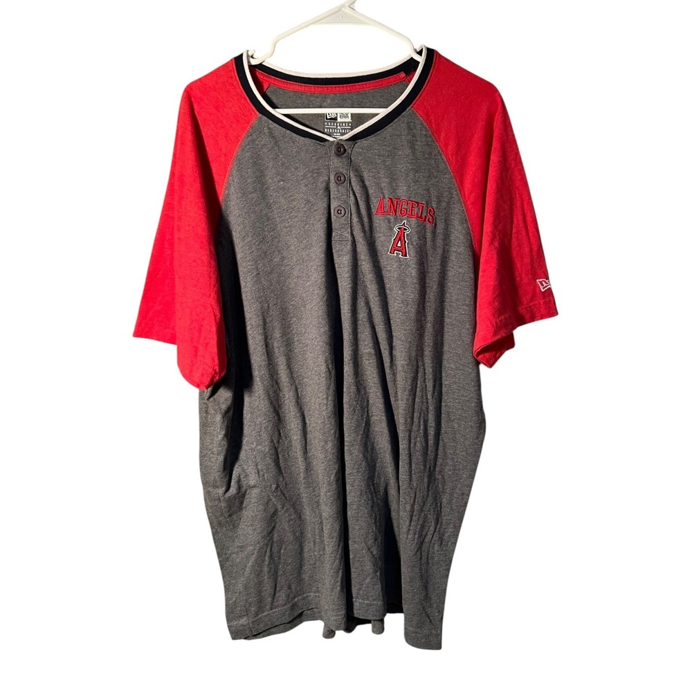 New Era MLB Men's Size XXL Henley Top Gray Red Los Angeles Angels Short Sleeve